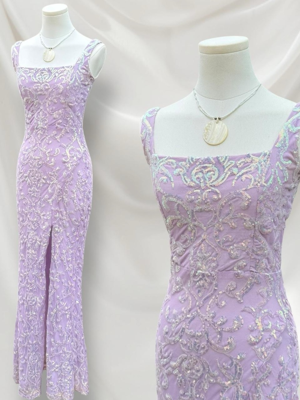 Elegant Lavender Sequin Evening Dress - Square Neck, Sleeveless